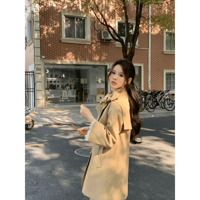 영국식 바람 천 골드 나비 매듭 스탠드 칼라 재킷 재킷 여성 의류 가을 새로운 작은 키 중간 길이 카키 색 코트 이미지 5