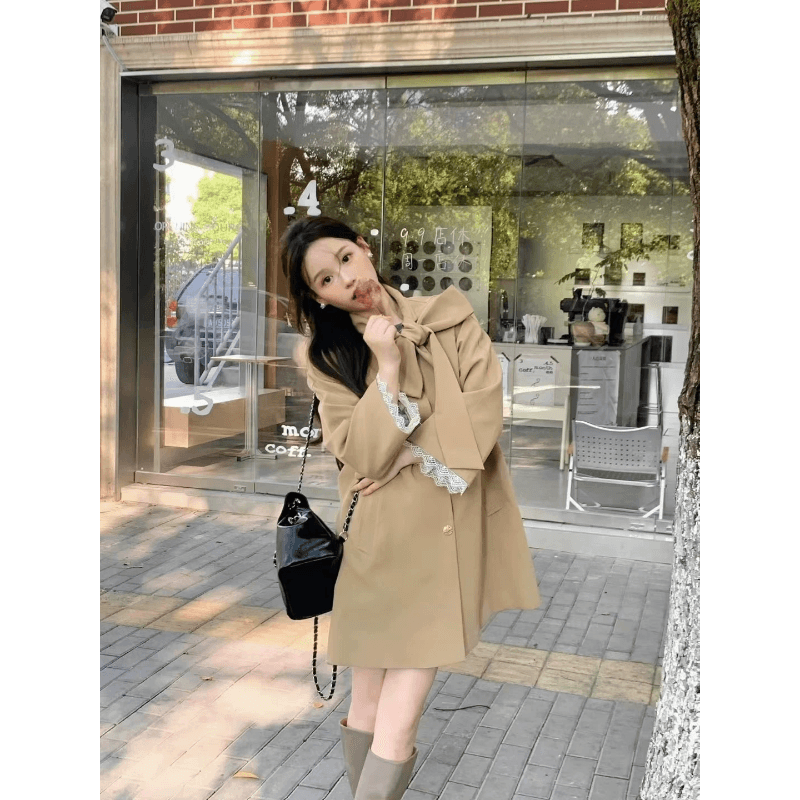영국식 바람 천 골드 나비 매듭 스탠드 칼라 재킷 재킷 여성 의류 가을 새로운 작은 키 중간 길이 카키 색 코트 이미지 2