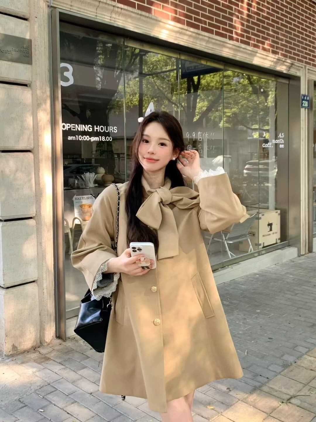 영국식 바람 천 골드 나비 매듭 스탠드 칼라 재킷 재킷 여성 의류 가을 새로운 작은 키 중간 길이 카키 색 코트 상세 이미지 1