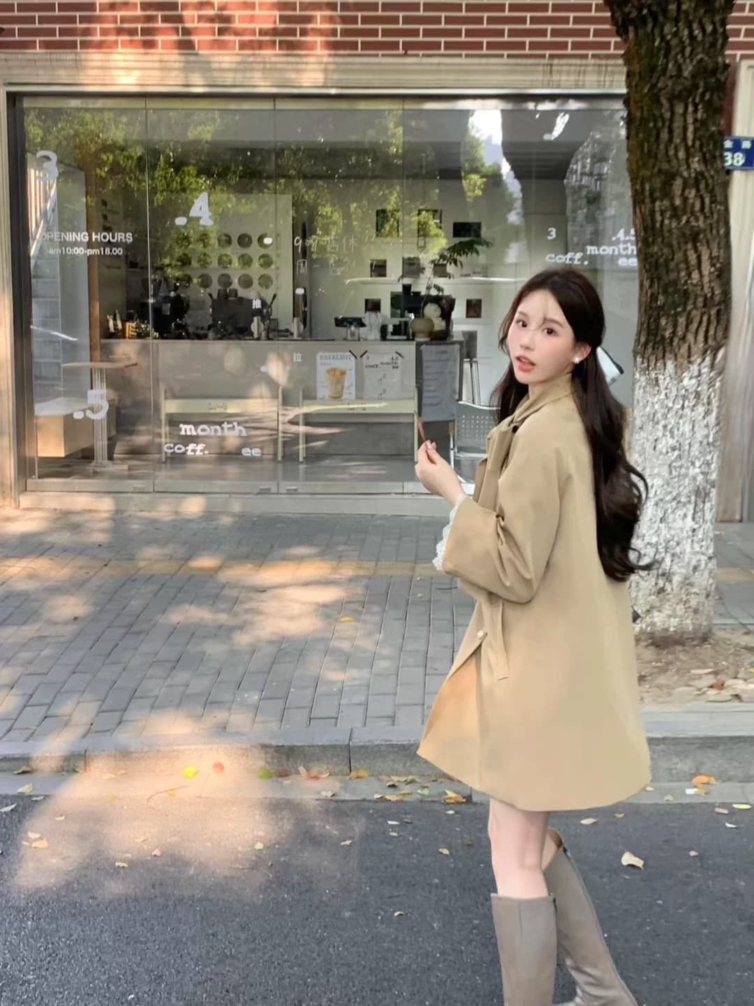 영국식 바람 천 골드 나비 매듭 스탠드 칼라 재킷 재킷 여성 의류 가을 새로운 작은 키 중간 길이 카키 색 코트 상세 이미지 8