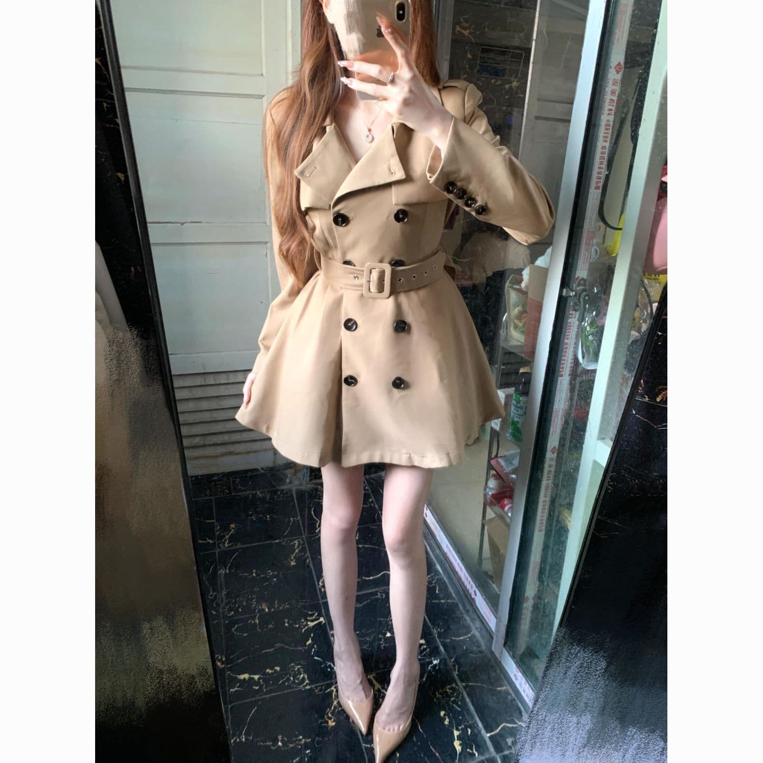 카키 색 바람막이 여성 코트 봄 가을 작은 키 허리 수축 폴로 칼라 블레이저 한국 스타일 캐주얼 품격 코트 이미지 3