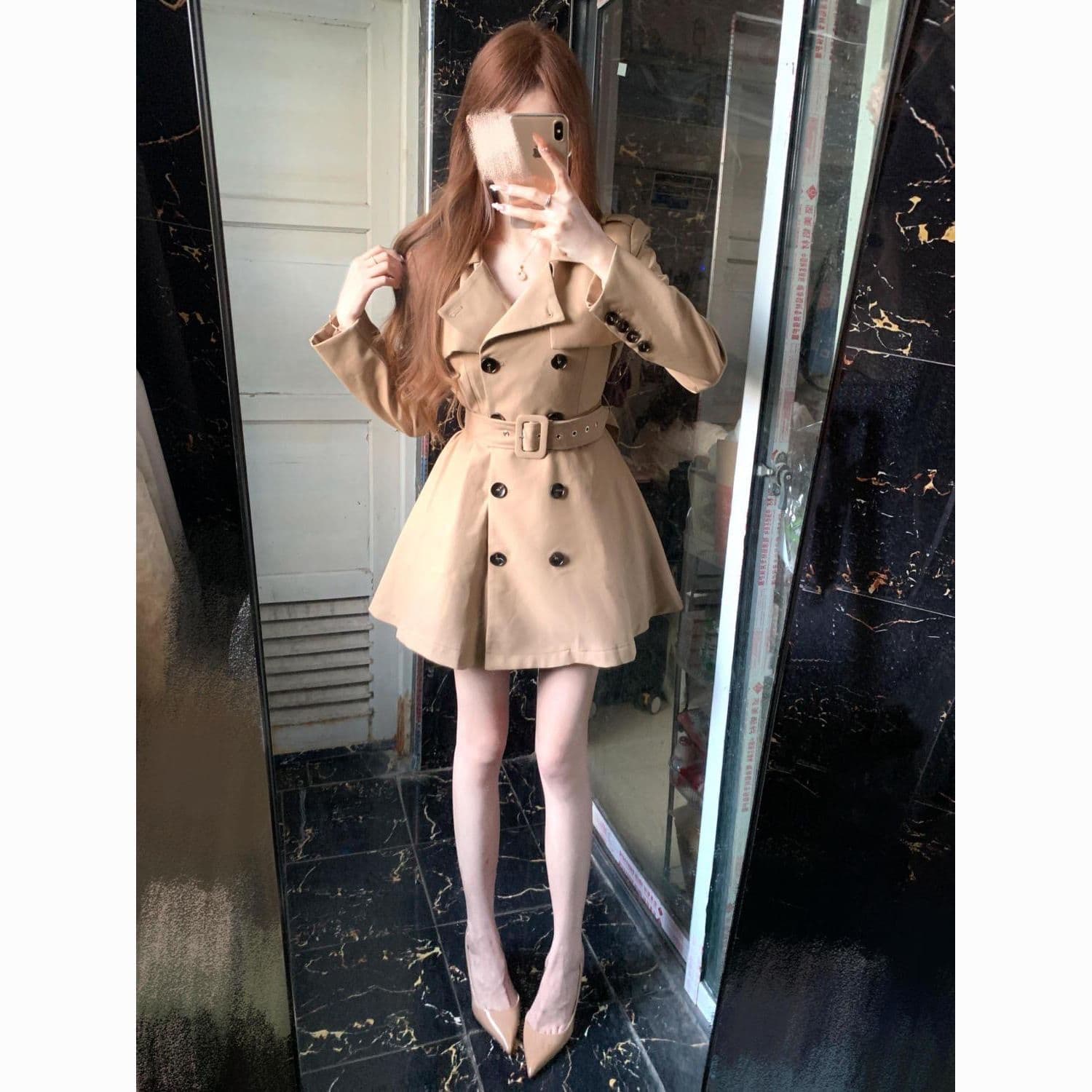 카키 색 바람막이 여성 코트 봄 가을 작은 키 허리 수축 폴로 칼라 블레이저 한국 스타일 캐주얼 품격 코트 상세 이미지 2