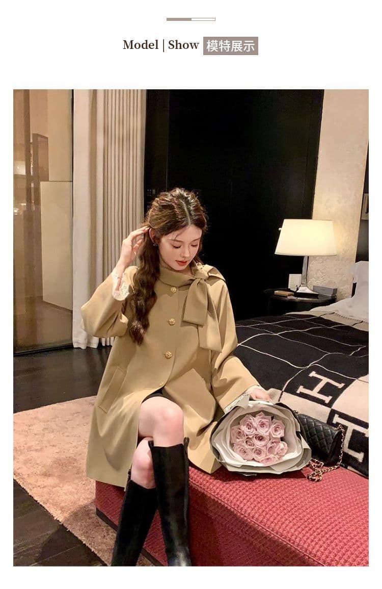 영국식 바람 천 골드 나비 매듭 스탠드 칼라 재킷 재킷 여성 의류 가을 새로운 작은 키 중간 길이 카키 색 코트 상세 이미지 2
