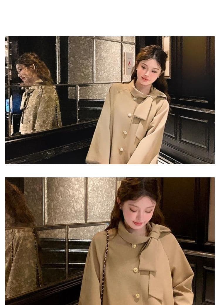 영국식 바람 천 골드 나비 매듭 스탠드 칼라 재킷 재킷 여성 의류 가을 새로운 작은 키 중간 길이 카키 색 코트 상세 이미지 6