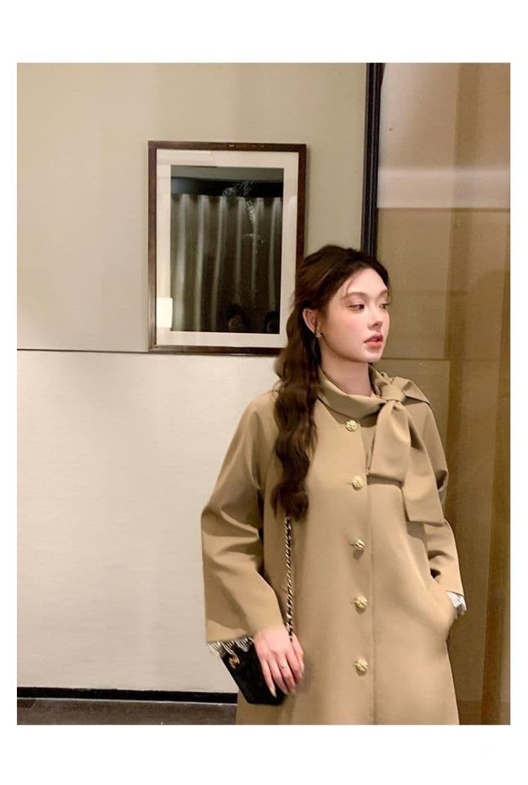 영국식 바람 천 골드 나비 매듭 스탠드 칼라 재킷 재킷 여성 의류 가을 새로운 작은 키 중간 길이 카키 색 코트 상세 이미지 7
