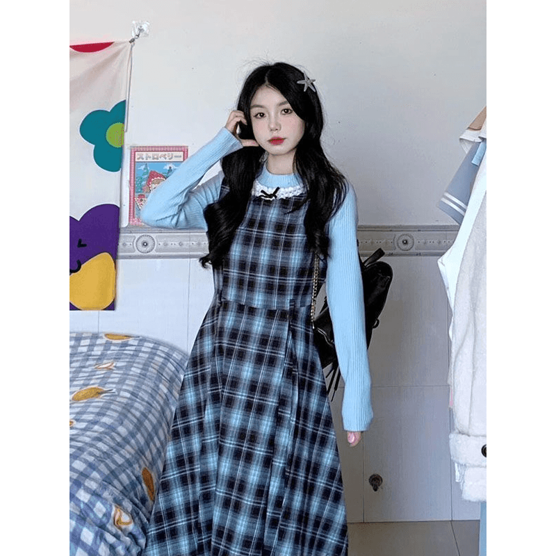 2026 이른 가을 새로운 레트로 페이크 레이어드 블루 브라운 나비 매듭 패치워크 체크무늬 드레스 허리 수축 슬림해 보이는 롱 스커트 이미지 5