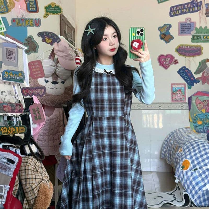 2026 이른 가을 새로운 레트로 페이크 레이어드 블루 브라운 나비 매듭 패치워크 체크무늬 드레스 허리 수축 슬림해 보이는 롱 스커트 상세 이미지 1