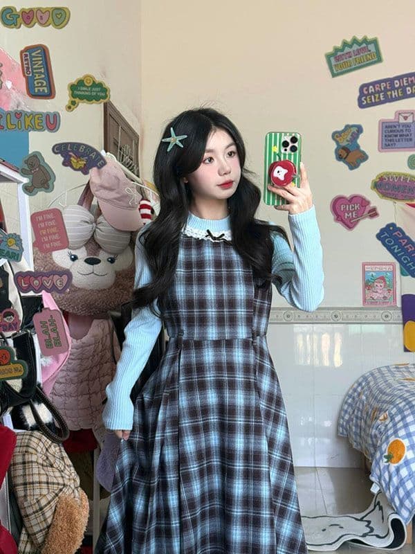 2026 이른 가을 새로운 레트로 페이크 레이어드 블루 브라운 나비 매듭 패치워크 체크무늬 드레스 허리 수축 슬림해 보이는 롱 스커트 상세 이미지 2