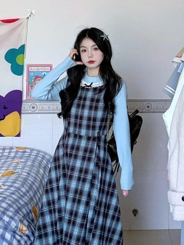 2026 이른 가을 새로운 레트로 페이크 레이어드 블루 브라운 나비 매듭 패치워크 체크무늬 드레스 허리 수축 슬림해 보이는 롱 스커트 상세 이미지 4