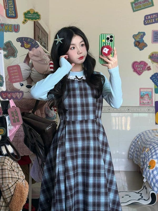2026 이른 가을 새로운 레트로 페이크 레이어드 블루 브라운 나비 매듭 패치워크 체크무늬 드레스 허리 수축 슬림해 보이는 롱 스커트 상세 이미지 5