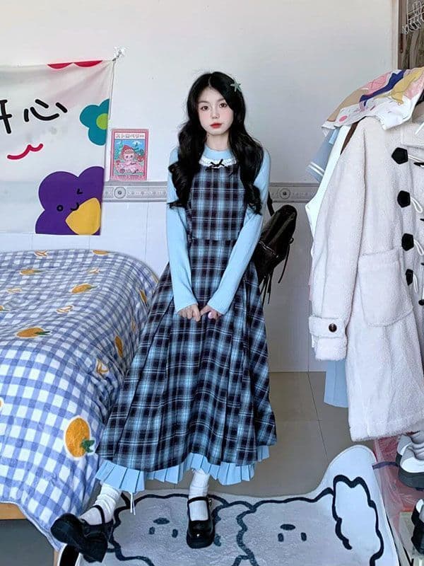 2026 이른 가을 새로운 레트로 페이크 레이어드 블루 브라운 나비 매듭 패치워크 체크무늬 드레스 허리 수축 슬림해 보이는 롱 스커트 상세 이미지 7