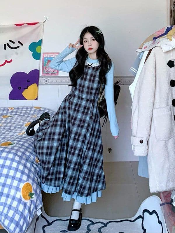 2026 이른 가을 새로운 레트로 페이크 레이어드 블루 브라운 나비 매듭 패치워크 체크무늬 드레스 허리 수축 슬림해 보이는 롱 스커트 상세 이미지 8