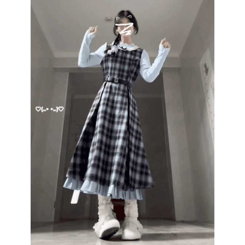 2026 이른 가을 새로운 레트로 페이크 레이어드 블루 브라운 나비 매듭 패치워크 체크무늬 드레스 허리 수축 슬림해 보이는 롱 스커트