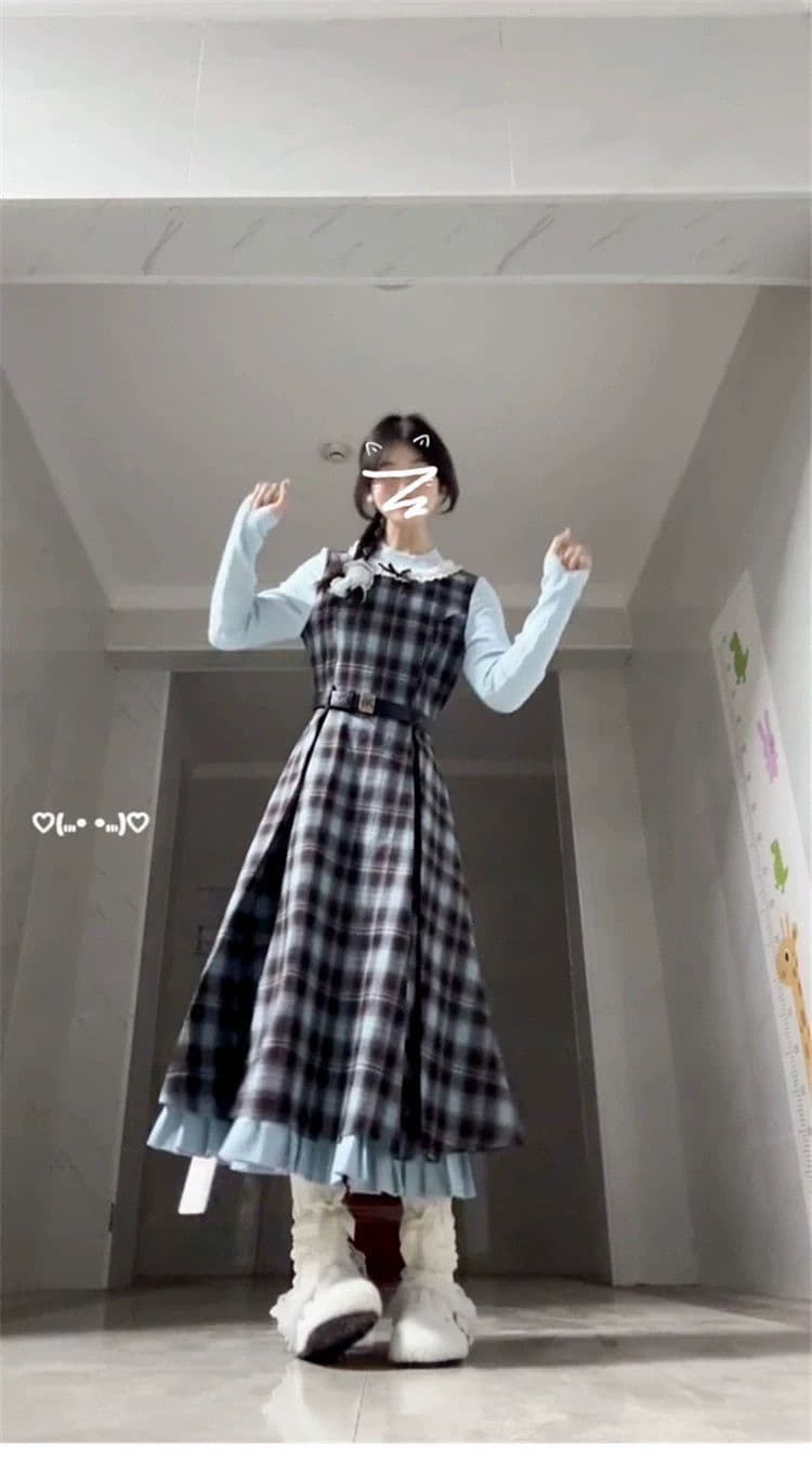 2026 이른 가을 새로운 레트로 페이크 레이어드 블루 브라운 나비 매듭 패치워크 체크무늬 드레스 허리 수축 슬림해 보이는 롱 스커트 상세 이미지 3