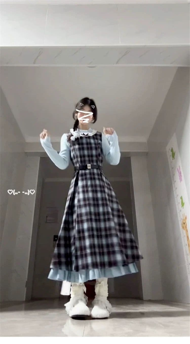 2026 이른 가을 새로운 레트로 페이크 레이어드 블루 브라운 나비 매듭 패치워크 체크무늬 드레스 허리 수축 슬림해 보이는 롱 스커트 상세 이미지 4