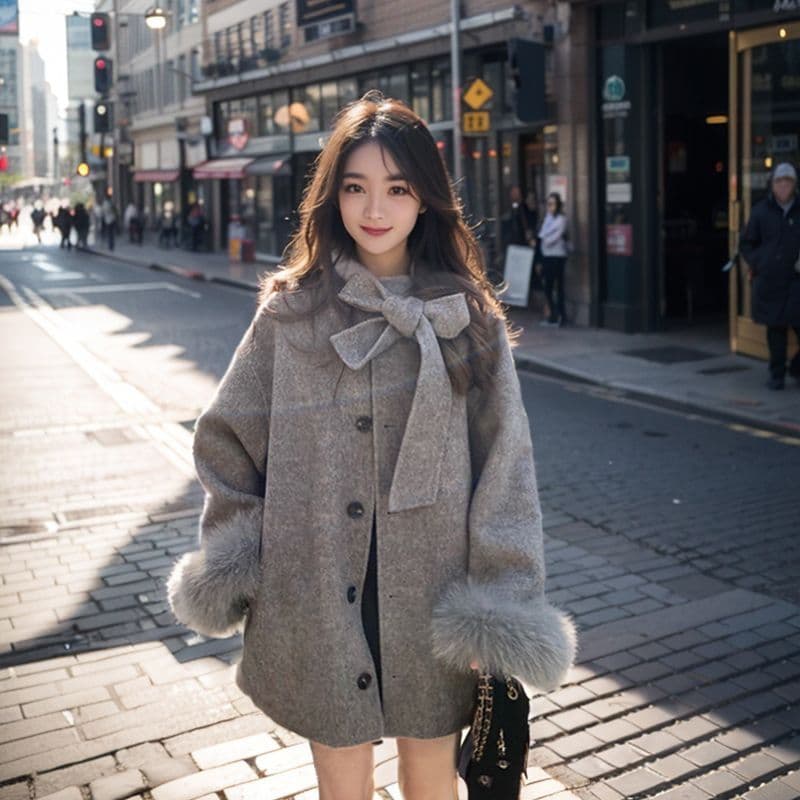그는 벤 바람 회색 모직 여성 코트 가을 겨울철 새로운 중간 길이 나비 매듭 모직 망토 코트 작은 키 이미지 2
