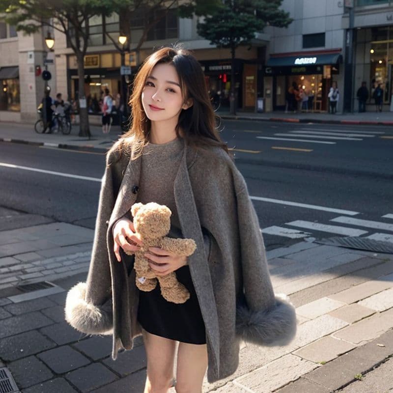 그는 벤 바람 회색 모직 여성 코트 가을 겨울철 새로운 중간 길이 나비 매듭 모직 망토 코트 작은 키 이미지 3
