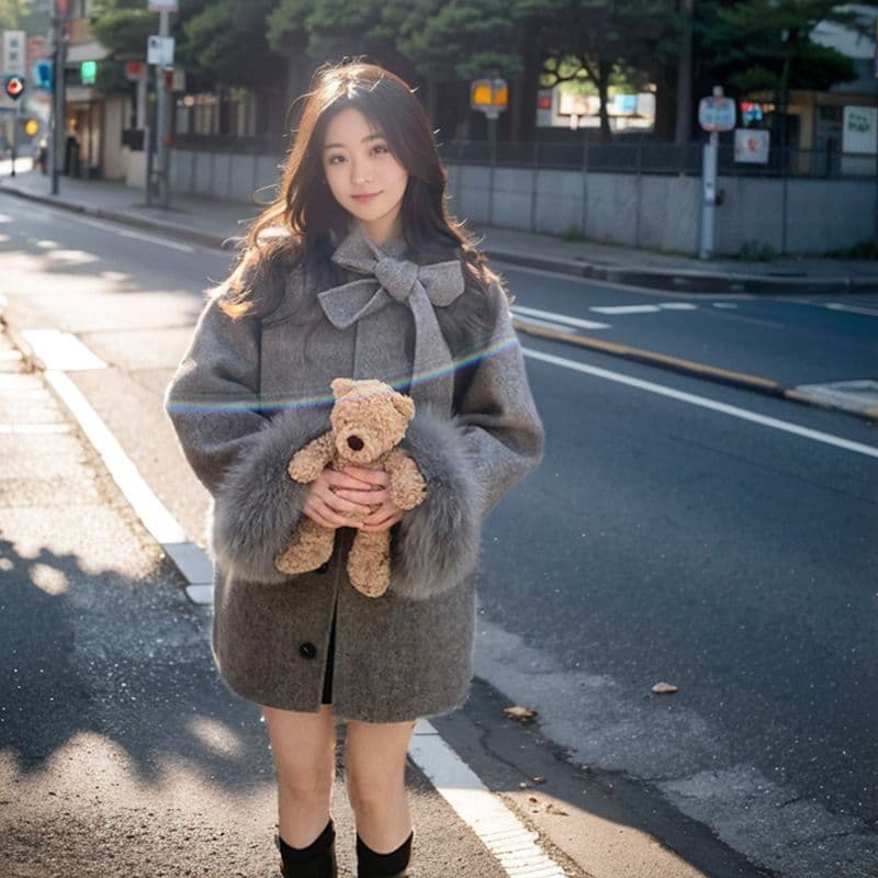 그는 벤 바람 회색 모직 여성 코트 가을 겨울철 새로운 중간 길이 나비 매듭 모직 망토 코트 작은 키 이미지 4