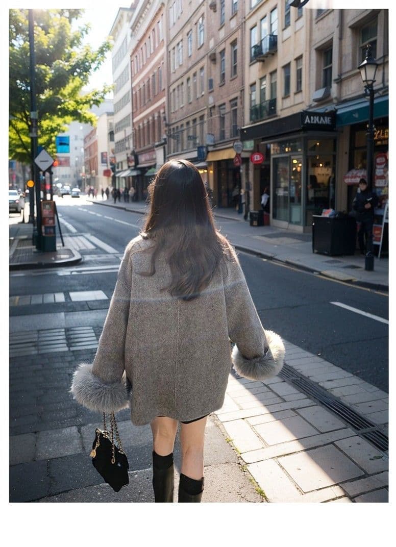 그는 벤 바람 회색 모직 여성 코트 가을 겨울철 새로운 중간 길이 나비 매듭 모직 망토 코트 작은 키 상세 이미지 3