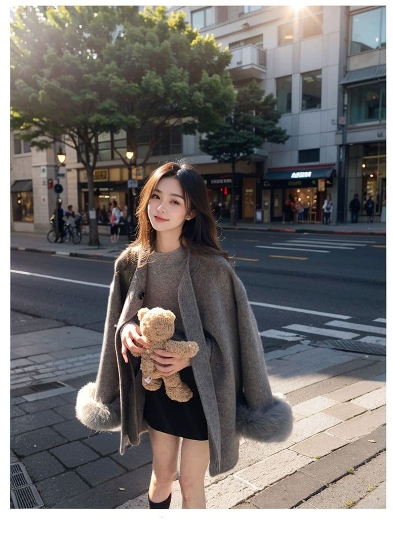 그는 벤 바람 회색 모직 여성 코트 가을 겨울철 새로운 중간 길이 나비 매듭 모직 망토 코트 작은 키 상세 이미지 4