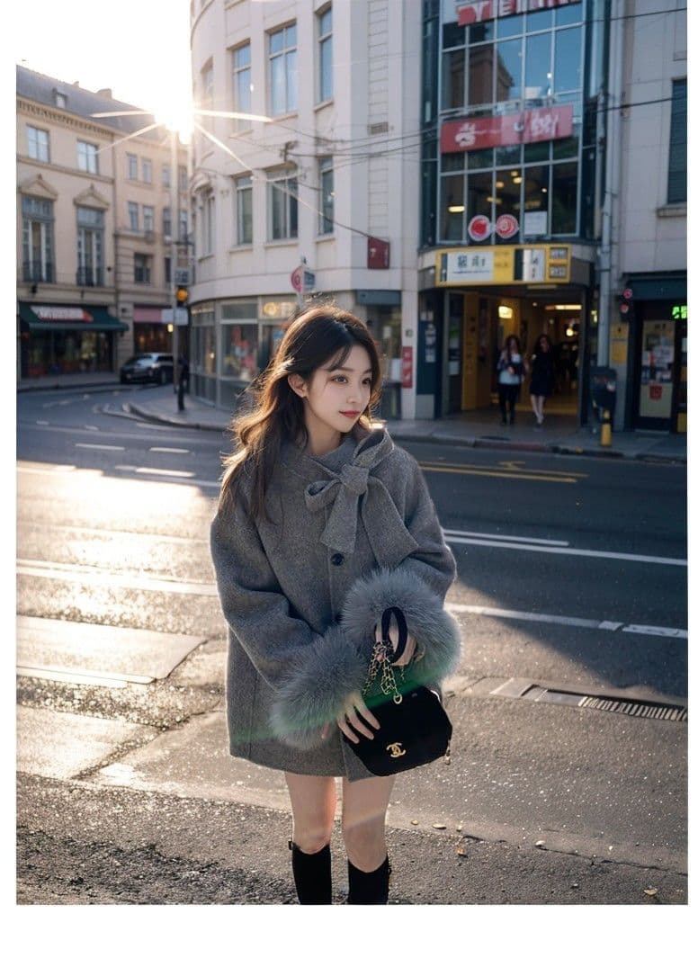 그는 벤 바람 회색 모직 여성 코트 가을 겨울철 새로운 중간 길이 나비 매듭 모직 망토 코트 작은 키 상세 이미지 7