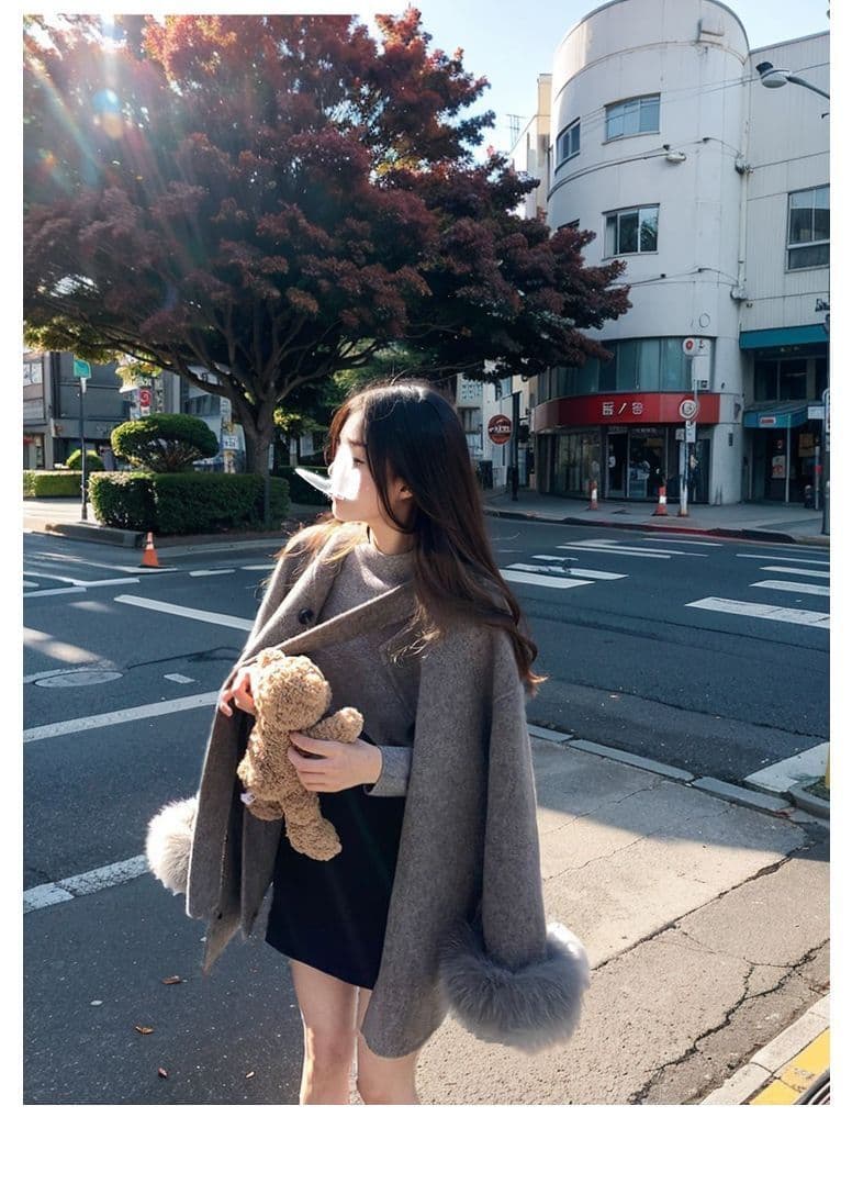 그는 벤 바람 회색 모직 여성 코트 가을 겨울철 새로운 중간 길이 나비 매듭 모직 망토 코트 작은 키 상세 이미지 9