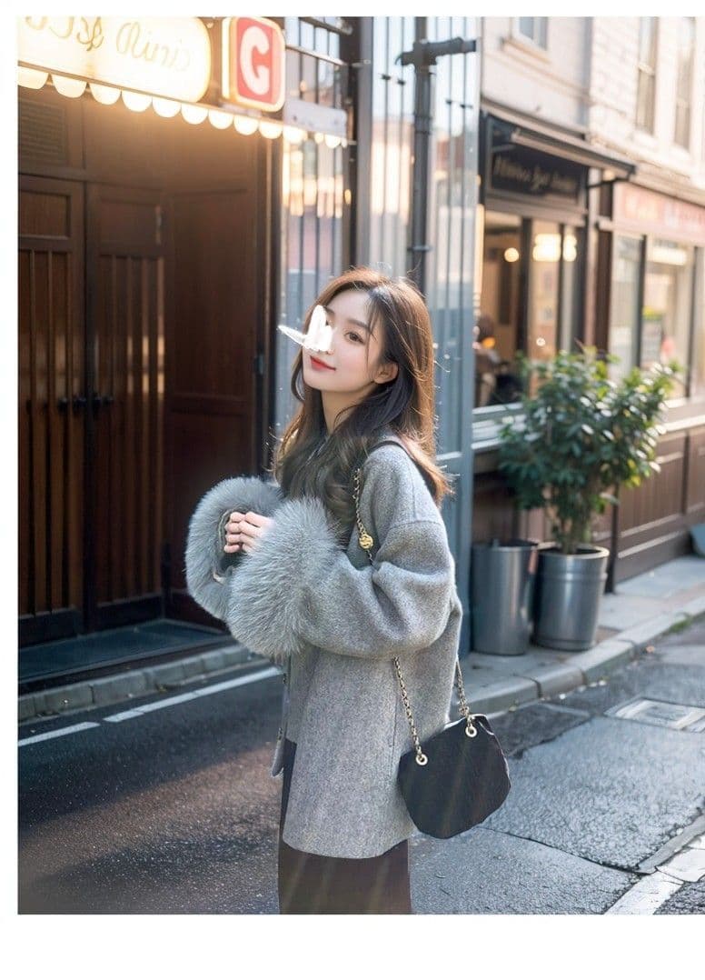 그는 벤 바람 회색 모직 여성 코트 가을 겨울철 새로운 중간 길이 나비 매듭 모직 망토 코트 작은 키 상세 이미지 11