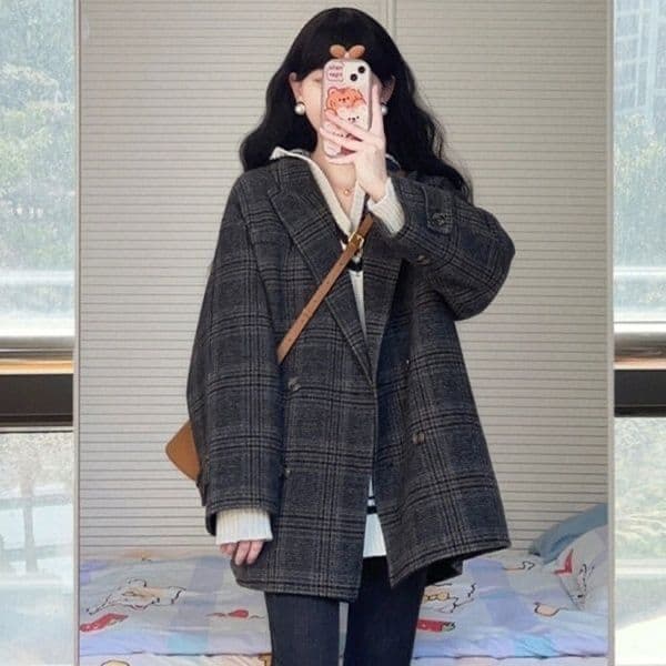 한 부서 코트 작은 샤넬 스타일 소금 부서 빛 요리 한 바람 체크무늬 모직 외투 고급 센스 느긋한 한 바람막이 중간 길이 의류