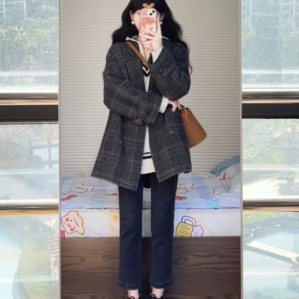 한 부서 코트 작은 샤넬 스타일 소금 부서 빛 요리 한 바람 체크무늬 모직 외투 고급 센스 느긋한 한 바람막이 중간 길이 의류 이미지 3