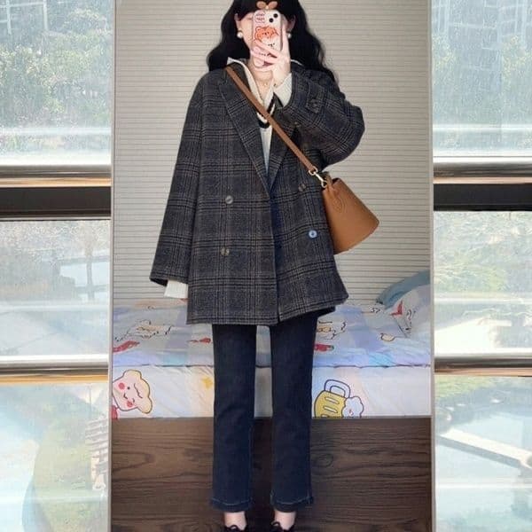 한 부서 코트 작은 샤넬 스타일 소금 부서 빛 요리 한 바람 체크무늬 모직 외투 고급 센스 느긋한 한 바람막이 중간 길이 의류 이미지 4