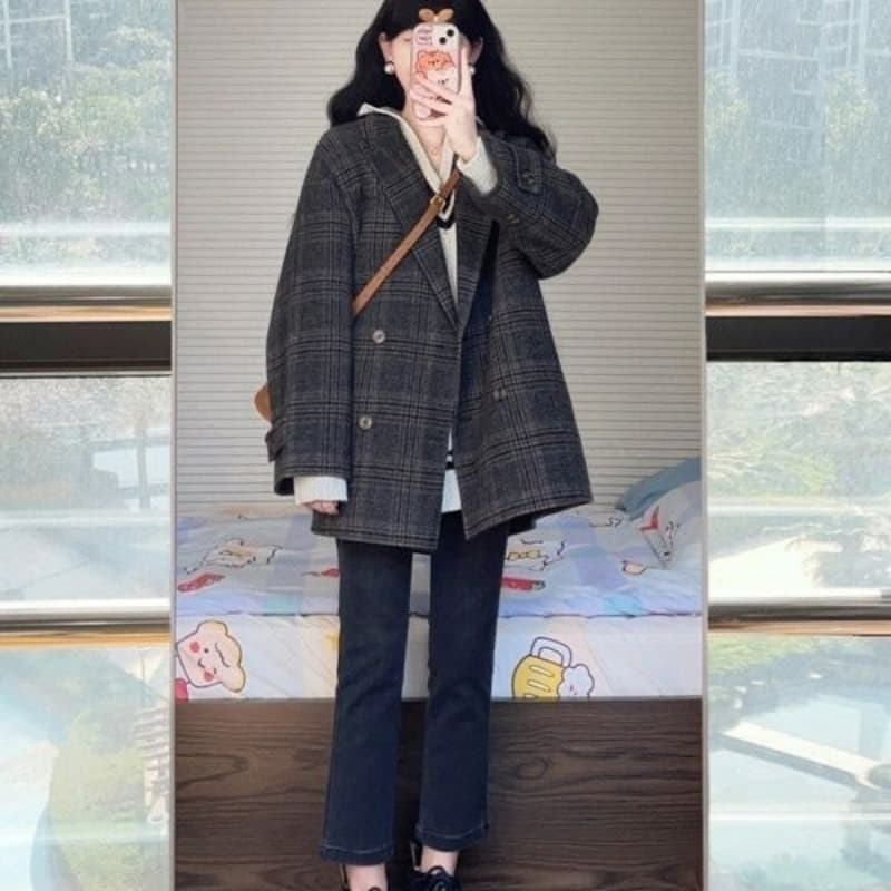 한 부서 코트 작은 샤넬 스타일 소금 부서 빛 요리 한 바람 체크무늬 모직 외투 고급 센스 느긋한 한 바람막이 중간 길이 의류 이미지 5