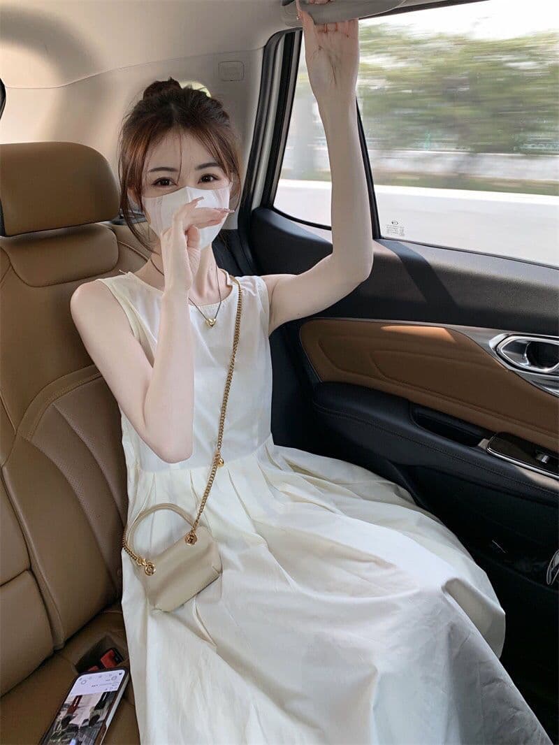 여름 새로운 차 휴식 프랑스식 민소매 라운드 넥 얕은 살구 색상 드레스 작은 키 슬림해 보이는 조끼 롱 스커트 아이들 상세 이미지 1