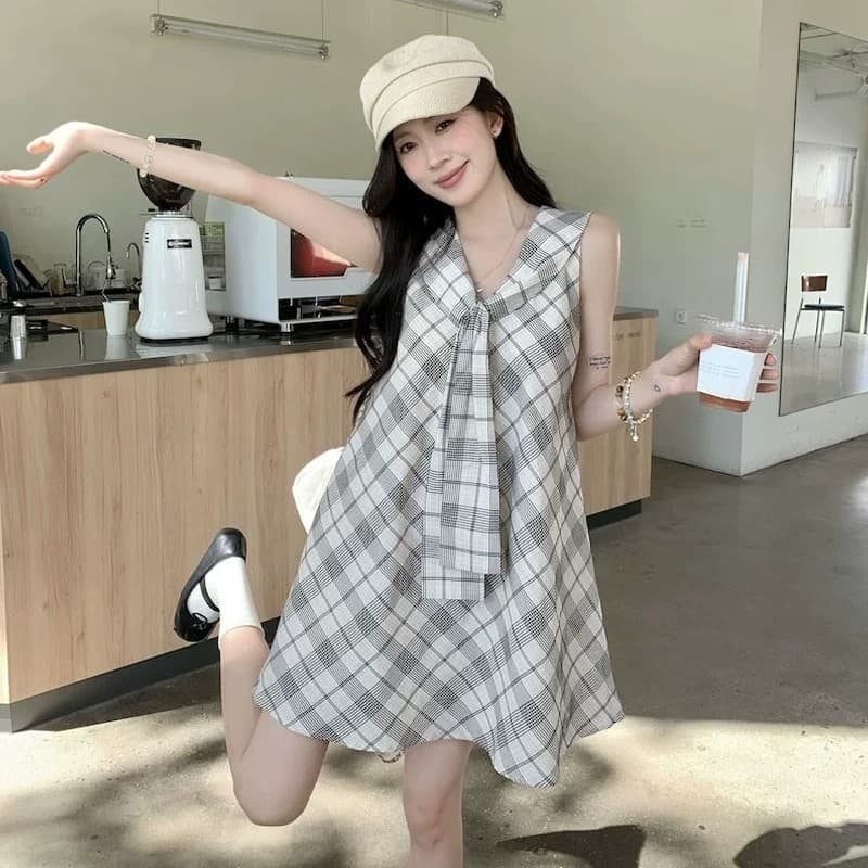 학원 스타일 체크무늬 레이스업 여성 드레스 2026 여름 새로운 슬림해 보이는 연령 감소 해군 칼라 작은 대중 조끼 미니 스커트 상세 이미지 1