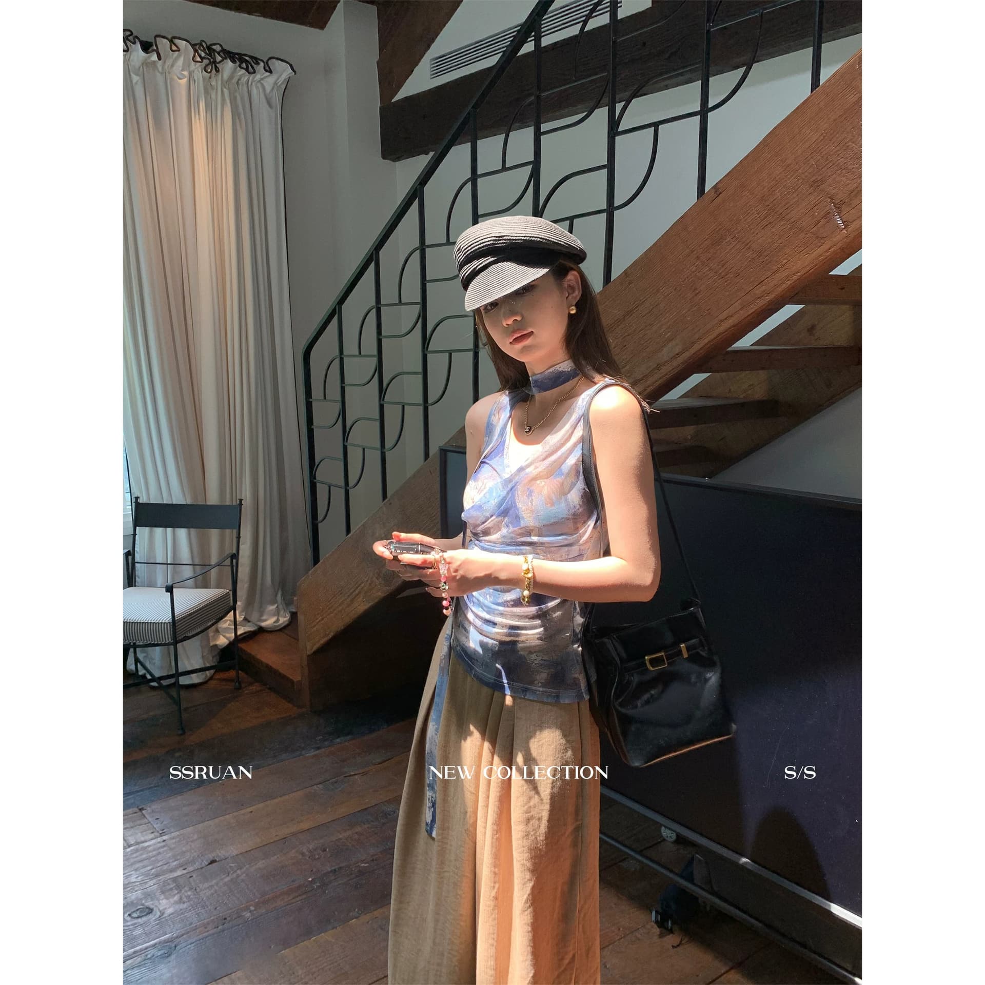 블루 색 후광 염색 프린트 V넥 리본 조끼 여성 민소매 허리 수축 아름다운 슬립 자이언트 잘 생긴 Chic 맨위 여름 이미지 3