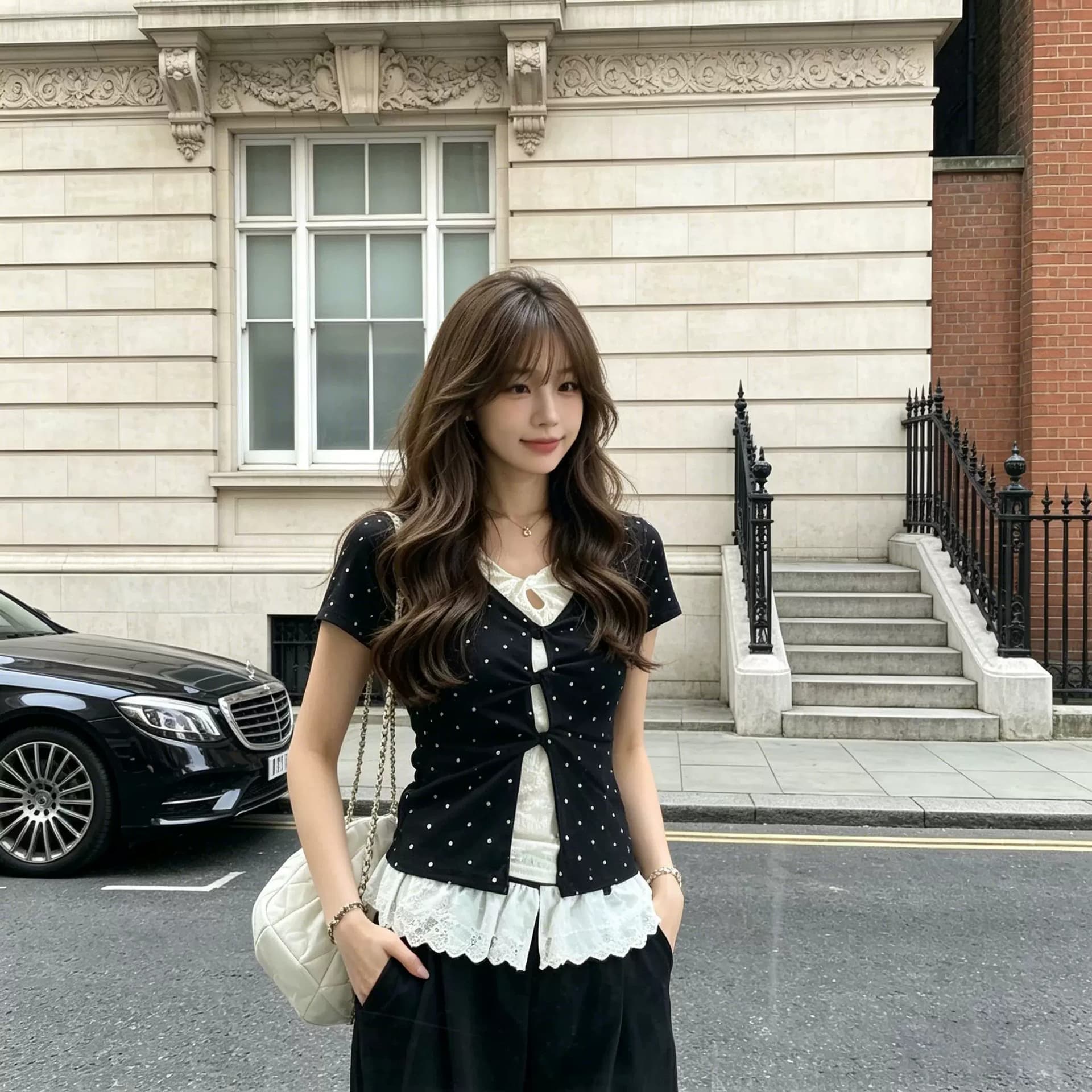 검정색 도트 무늬 페이크 레이어드 레이스 긍정적 인 어깨 반팔 티셔츠 여성 여름 한 부서 디자인 센스 맨위 상세 이미지 3