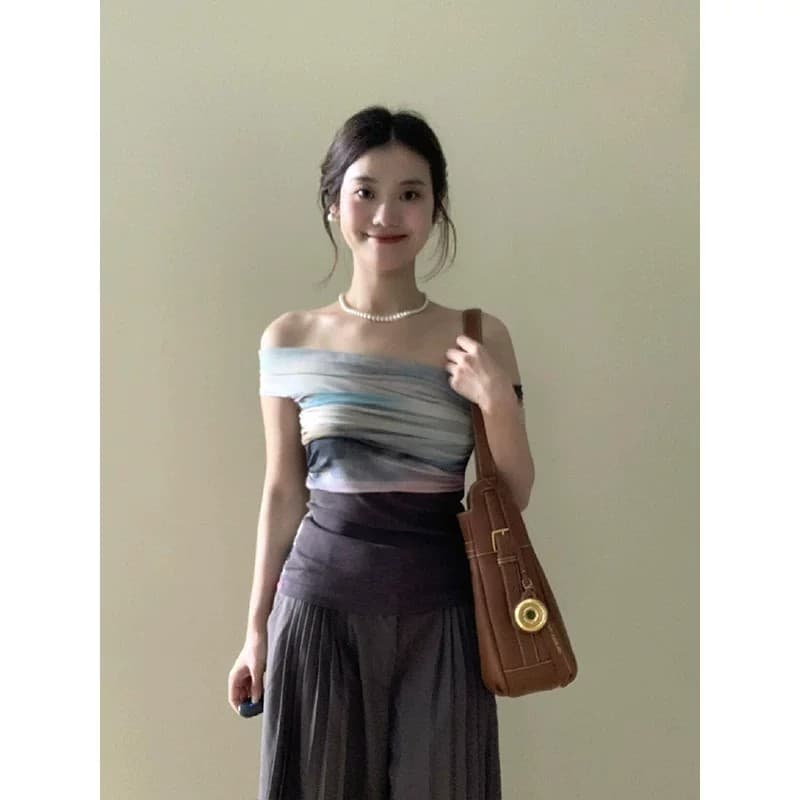 한 부서 헤일로 염색 망사 작은 대중 디자인 센스 패치워크 오프숄더 티셔츠 여성 여름 새로운 몸매 가꾸기 슬림해 보이는 맨위 상세 이미지 4