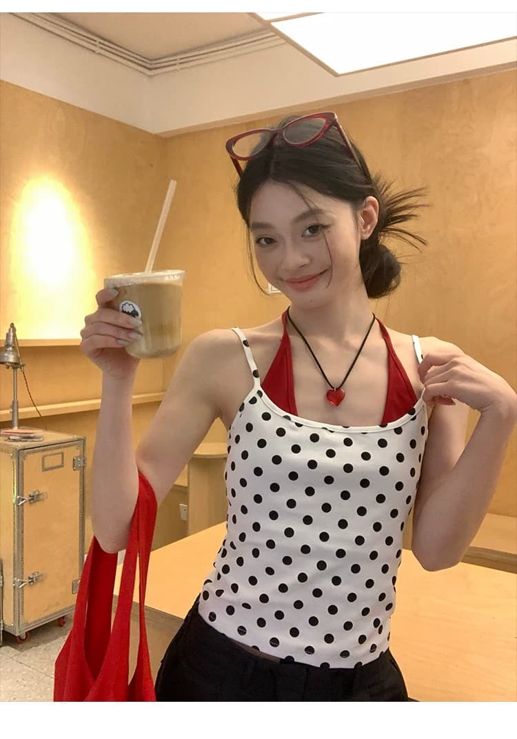 한 부서 섹시함 도트 무늬 배색 페이크 레이어드 슬립 맨위 여성 여름 새로운 분위기 센스 허리 수축 슬림해 보이는 맨위 상세 이미지 4