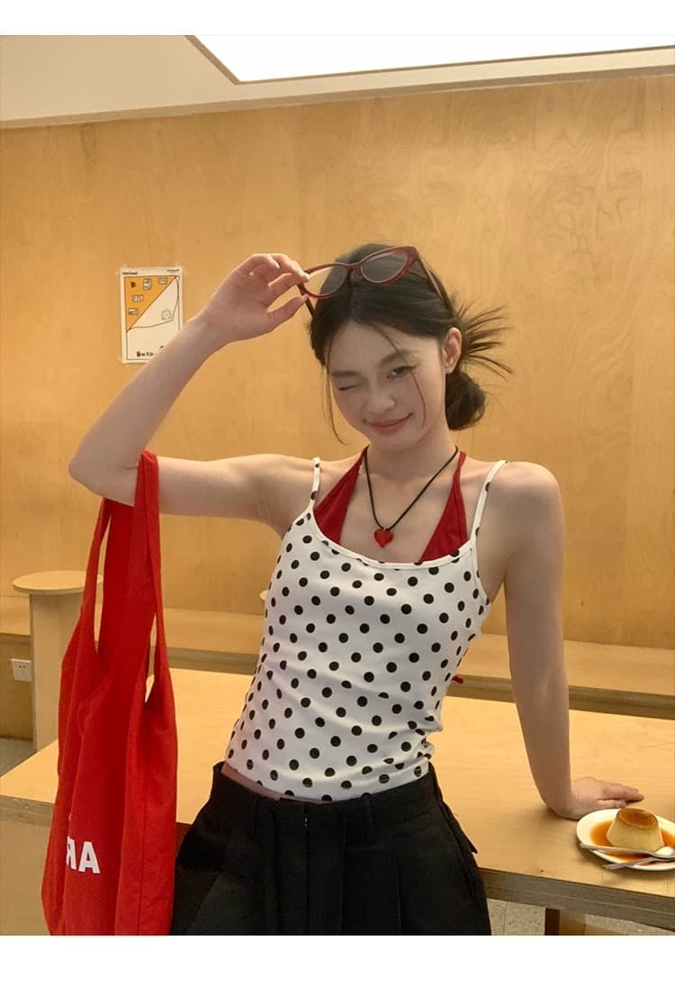 한 부서 섹시함 도트 무늬 배색 페이크 레이어드 슬립 맨위 여성 여름 새로운 분위기 센스 허리 수축 슬림해 보이는 맨위 상세 이미지 12