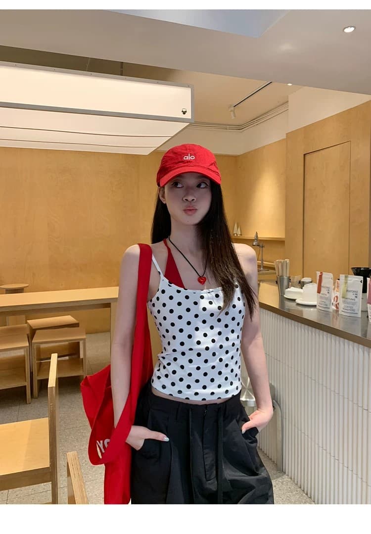 한 부서 섹시함 도트 무늬 배색 페이크 레이어드 슬립 맨위 여성 여름 새로운 분위기 센스 허리 수축 슬림해 보이는 맨위 상세 이미지 14