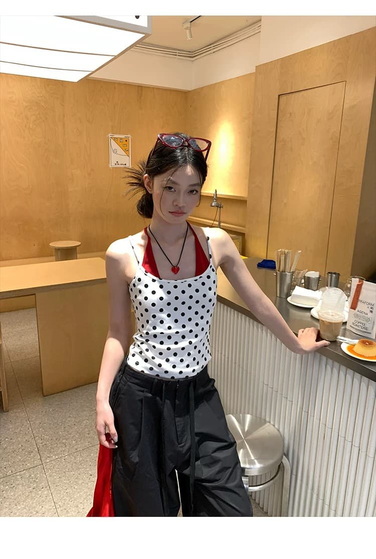 한 부서 섹시함 도트 무늬 배색 페이크 레이어드 슬립 맨위 여성 여름 새로운 분위기 센스 허리 수축 슬림해 보이는 맨위 상세 이미지 17