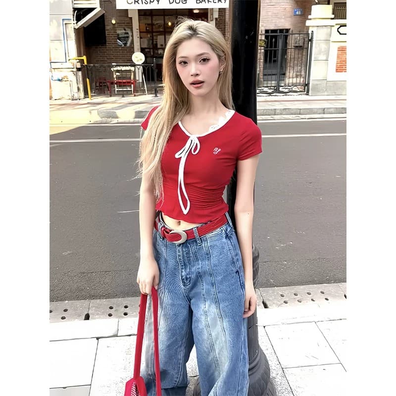 40 순면 명중 가져 가라. 한 부서 레이스 레이스 나비 매듭 스트랩 티셔츠 여성 핫걸 몸매 가꾸기 맨위