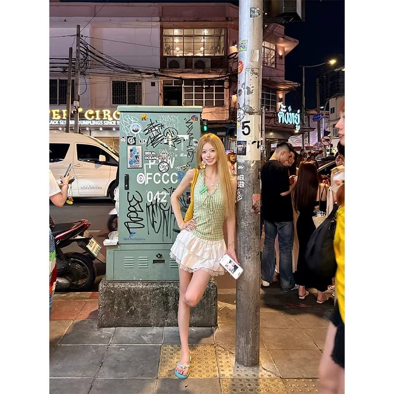 달콤한 핫걸 도트 무늬 행침 목 캐미솔 여름 몸매 가꾸기 슬림해 보이는 스트랩 섹시함 핫걸 Chic 쇼트 스타일 맨위 이미지 2