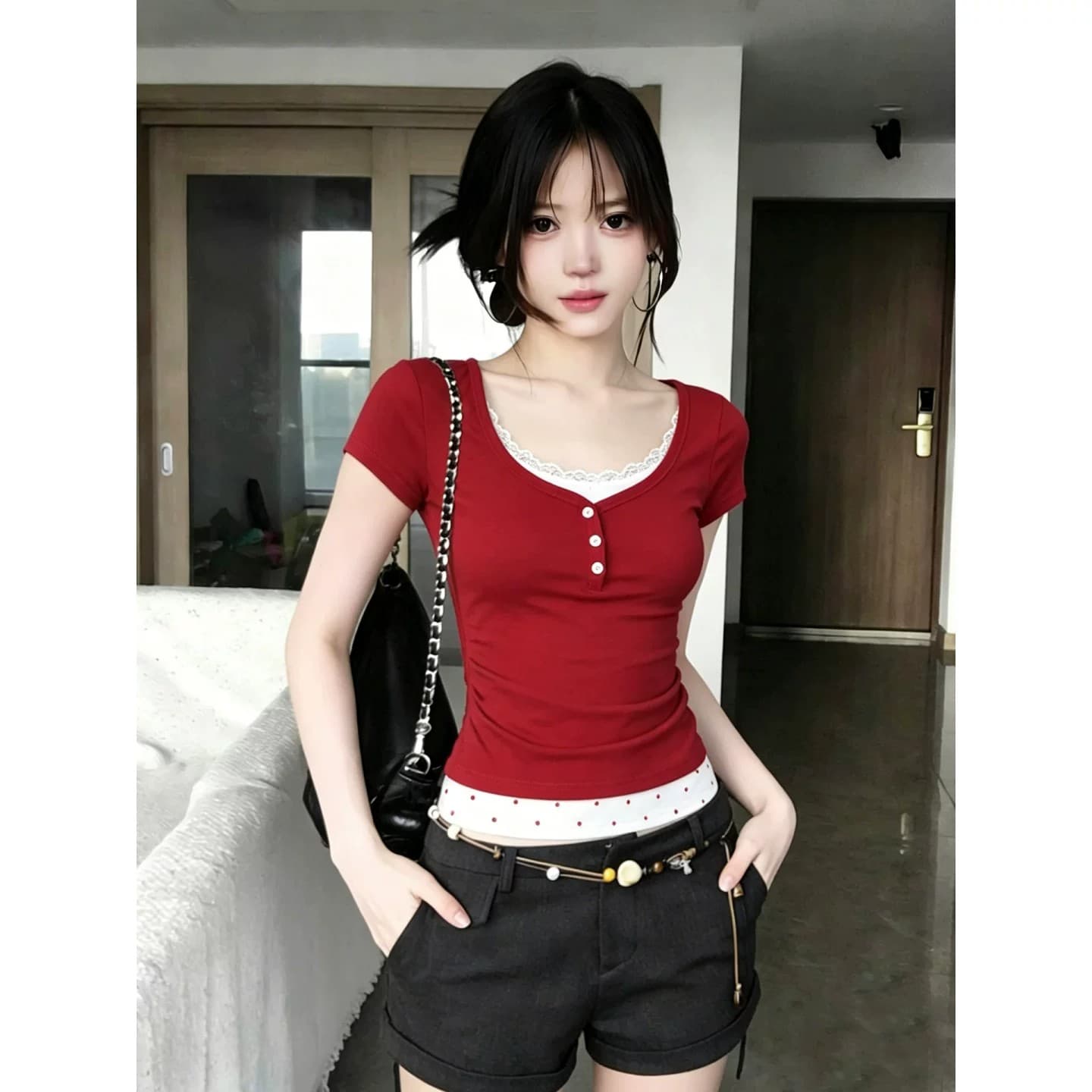 한 부서 레이스 빨간색 반팔 티셔츠 여성 여름 새로운 몸매 가꾸기 슬림해 보이는 페이크 레이어드 핫걸 맨위 이미지 4