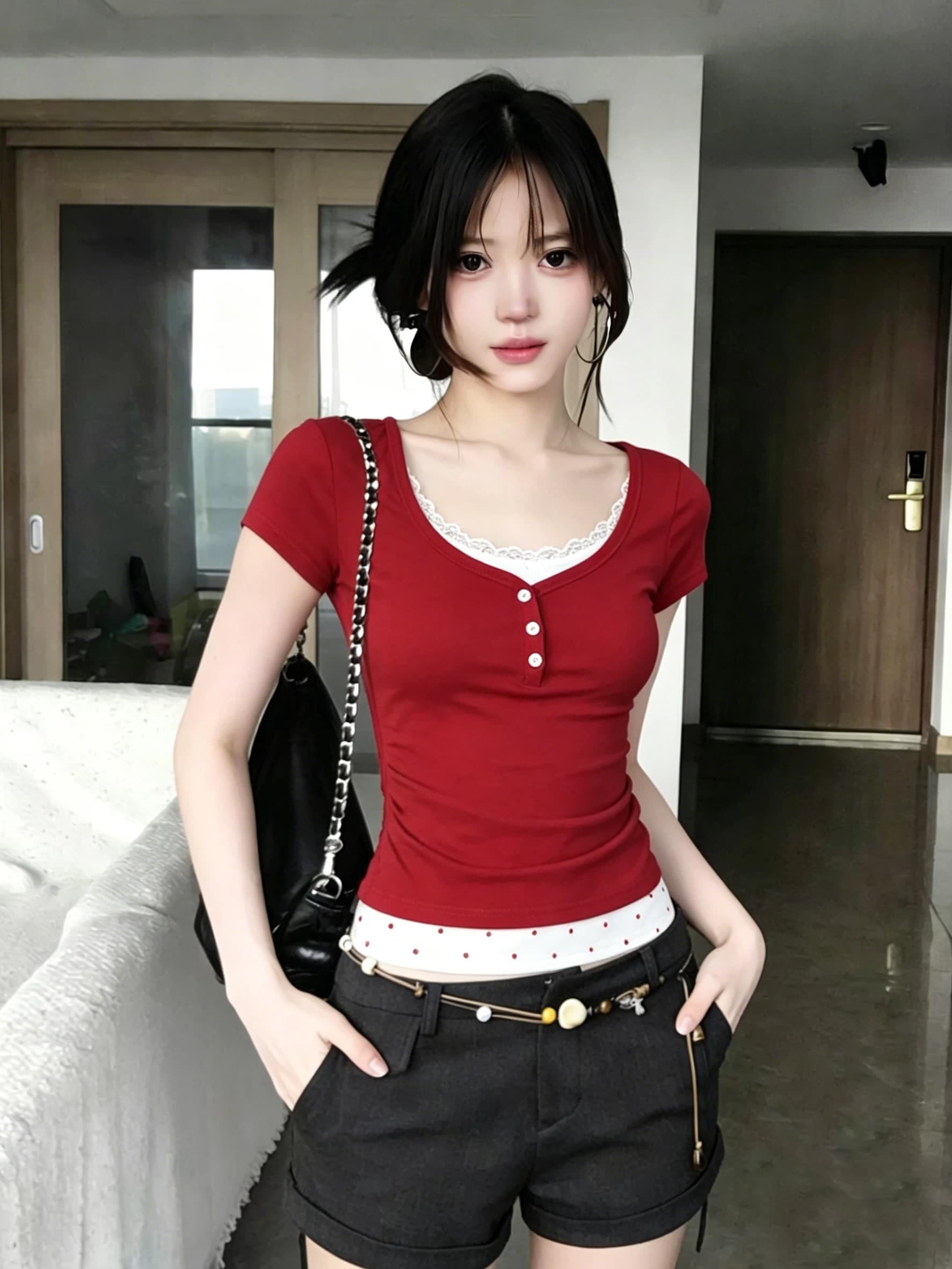 한 부서 레이스 빨간색 반팔 티셔츠 여성 여름 새로운 몸매 가꾸기 슬림해 보이는 페이크 레이어드 핫걸 맨위 상세 이미지 3