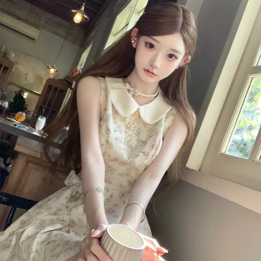감기 천 금빛 바람 잘 행동 한 민소매 꽃무늬 달콤함 여성 드레스 여름 빛 럭셔리 베이비 칼라 나비 매듭 민소매 미니 스커트 이미지 3