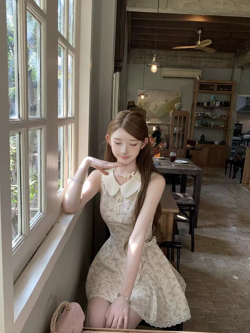 감기 천 금빛 바람 잘 행동 한 민소매 꽃무늬 달콤함 여성 드레스 여름 빛 럭셔리 베이비 칼라 나비 매듭 민소매 미니 스커트 상세 이미지 2