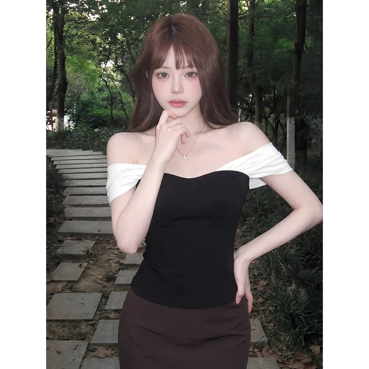 사람들 면 빈 가스 층 망사 패치워크 튜브탑 캐미솔 여름 오프숄더 핫걸 몸매 가꾸기 쇼트 스타일 맨위 이미지 2