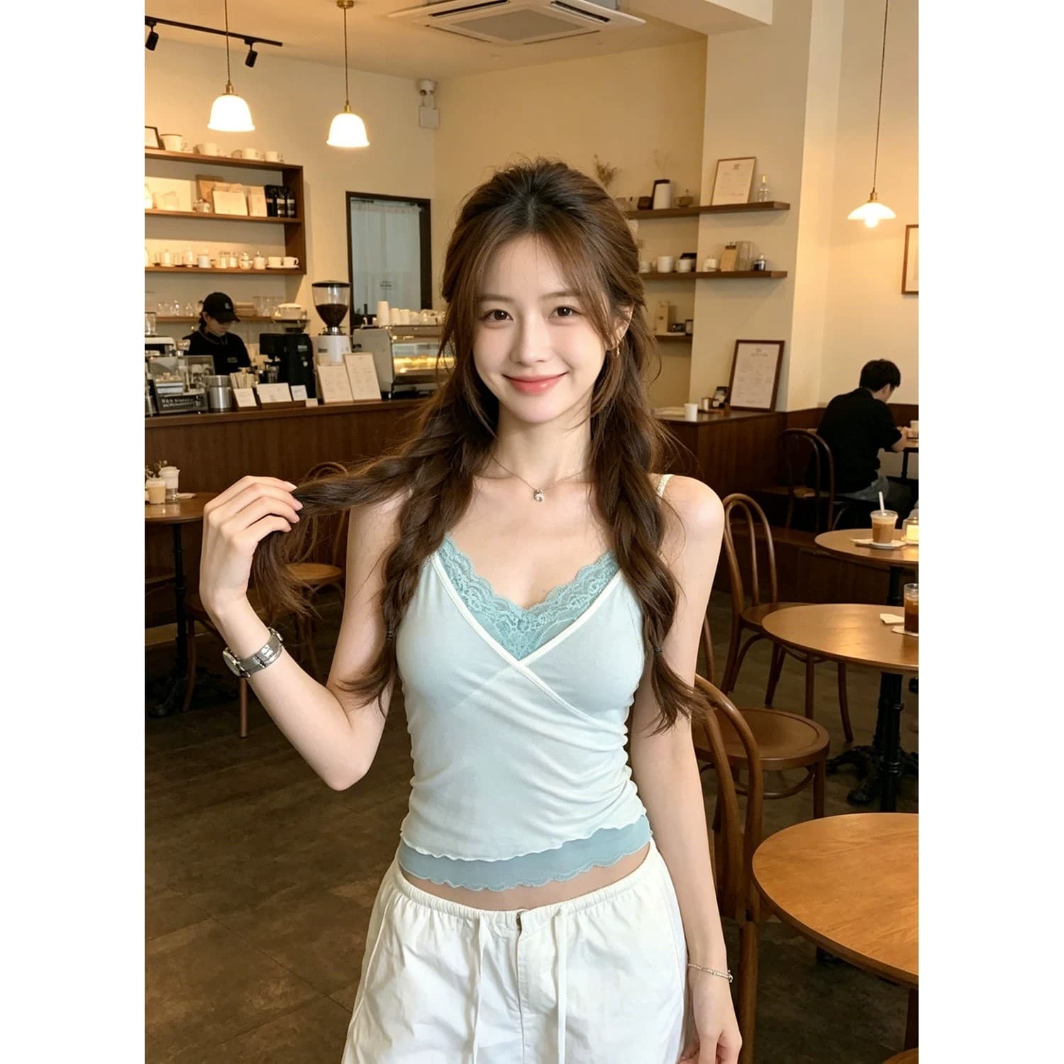 순수한 욕망 핫걸 스택 착용 페이크 레이어드 레이스 캐미솔 여름 외출용 새로운 고유 한 슈퍼 잘 생긴 민소매 맨위 상세 이미지 9