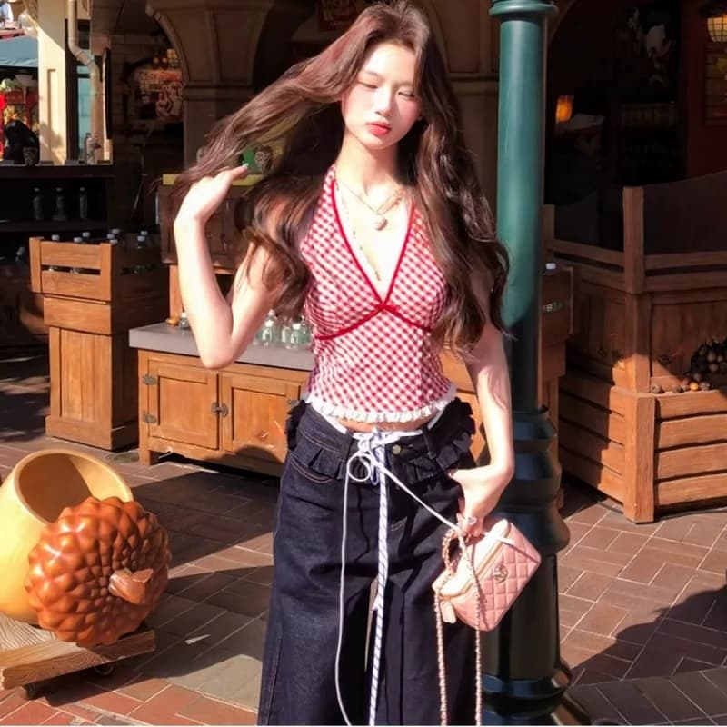 빨간색 체크무늬 조끼 슬립 패치워크 레이스 섹시함 행침 목 핫걸 맨위 이미지 5