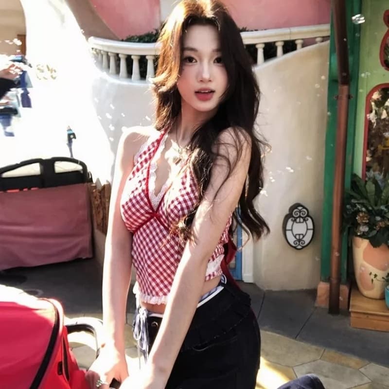 빨간색 체크무늬 조끼 슬립 패치워크 레이스 섹시함 행침 목 핫걸 맨위 이미지 2